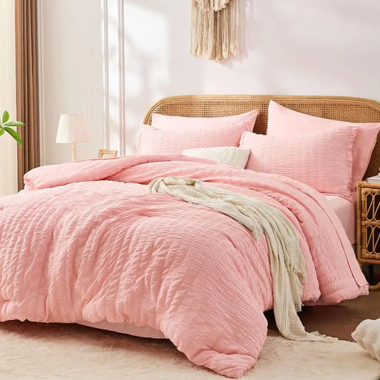 Pink Queen Comforter Set 7 Pieces, Luxury Seersucker Bed in a Bag Queen Size for All Seasons, Soft Bedding Set with Comforter, F
