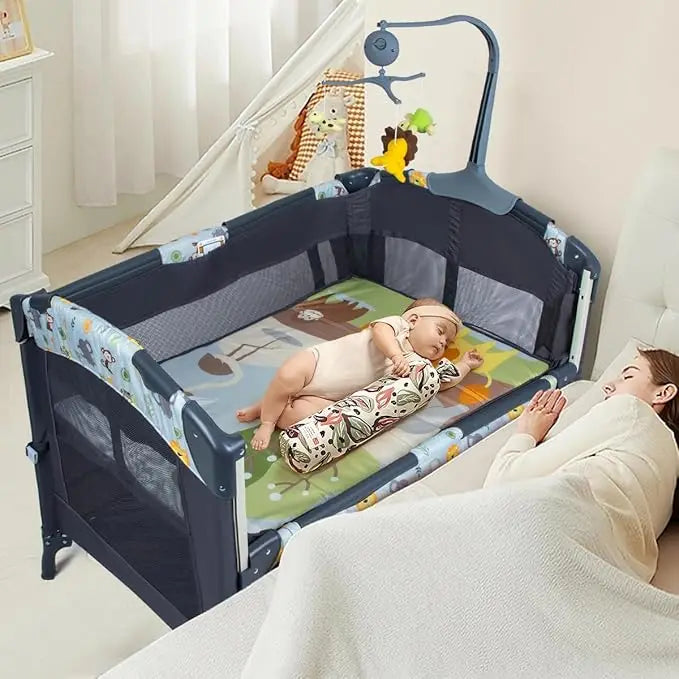 5-in-1 Baby Bassinet Bedside Crib, Pack and Play Long Next to Parents Bed Crib with Toys & Music Box, Mattress, Foldable Playard