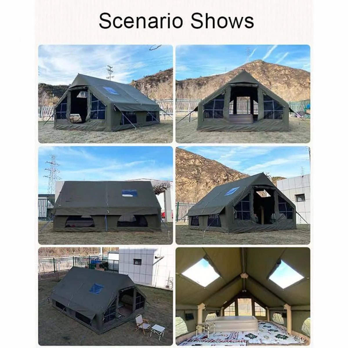 SENLEETO 129 Square Feet Inflatable Glamping Tent 4-8 Person for Camping with Waterproof Mat,4 Season Blow up Tent with Stove Jack&AC Vent,Easy Setup Air Tent with High Pressure Pump