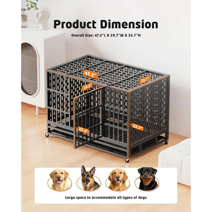 48 Inch Heavy Duty Indestructible Dog Crate Steel Escape Proof, Indoor Double Door High Anxiety Cage, Kennel with Wheels,Customi