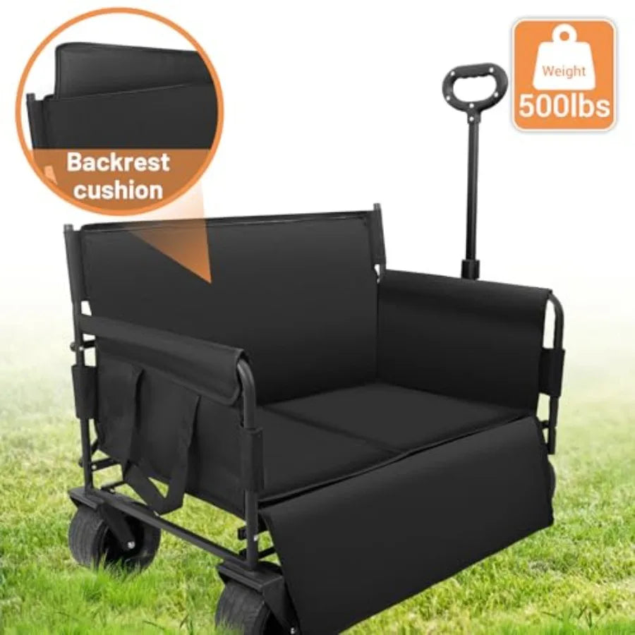 Collapsible Heavy Duty Wagon Bench Love Seat with Big Wheels for Sand Camping Shopping Sports - 500 LBS Capacity Durable Fabric