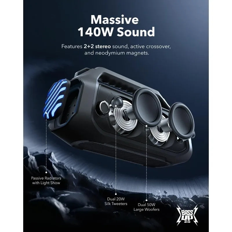 Boom 2 Plus Outdoor Speaker, 140W, 2+2 Channel, BassUp 2.0, 20H, Fast Charge, IPX7 Waterproof, RGB Lights, USB-C, Power Bank