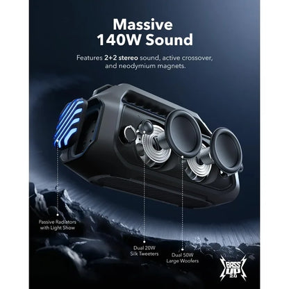 Boom 2 Plus Outdoor Speaker, 140W, 2+2 Channel, BassUp 2.0, 20H, Fast Charge, IPX7 Waterproof, RGB Lights, USB-C, Power Bank