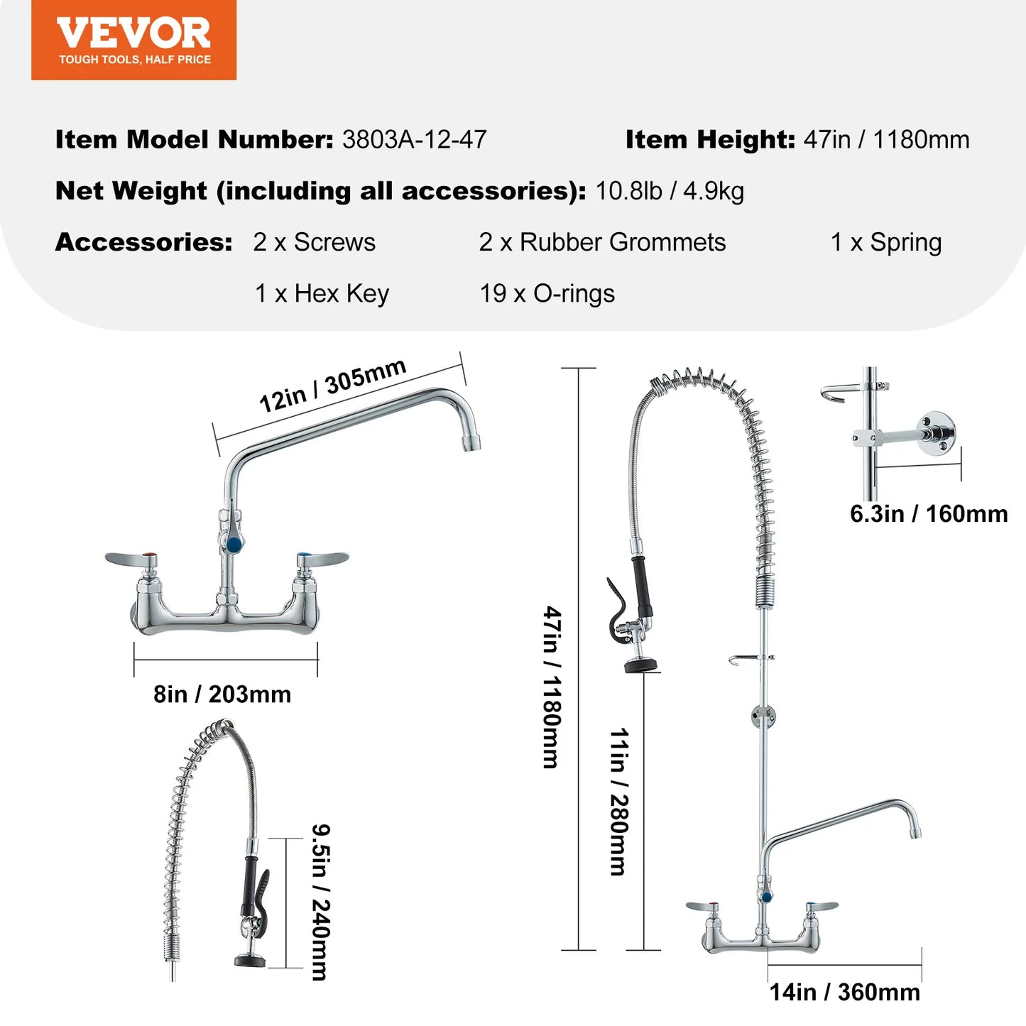 SucceBuy Commercial Faucet with Pre-Rinse Sprayer Wall Mount Kitchen Sink Faucet Brass Constructed Device with Pull Down Spray