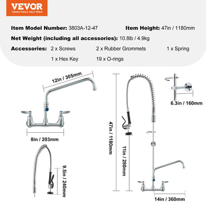 SucceBuy Commercial Faucet with Pre-Rinse Sprayer Wall Mount Kitchen Sink Faucet Brass Constructed Device with Pull Down Spray