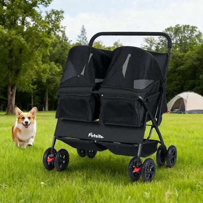 Foldable Double Pet Stroller for 2 Puppies Cats Black 2-Seater Carrier with Adjustable Sunshade Removable Pad Safety Belt Stora