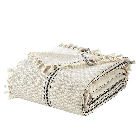 Cream Cotton King Bedspread, Turkish Cotton Throw Blanket, Queen Size Bedspread, Plaid Striped Large Throw, Farmhouse Decor