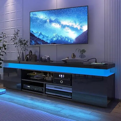 Modern 85 Inch LED TV Stand with Built-in Power Outlet and High Gloss Entertainment Center Featuring Storage and LED Lighting