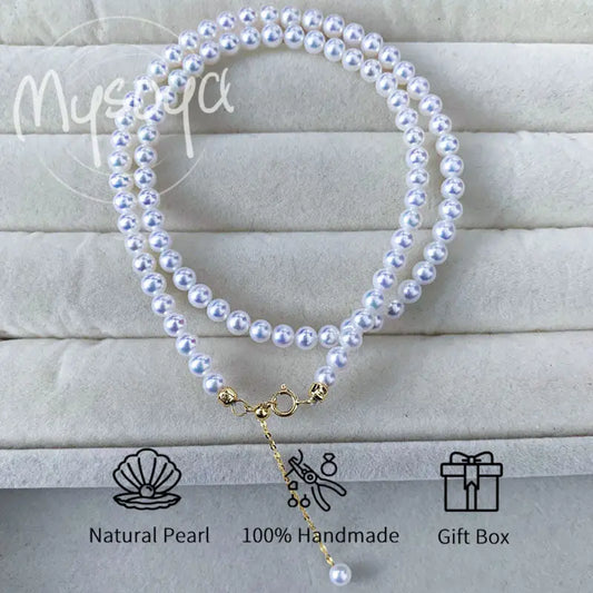 MYSOYA Japan Akoya Seawater Pearl Necklace 5.5-6 Mm Golden S925 Silvery Chain With Gift Box for Her Him for Birthday Wedding