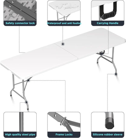 8 ft Folding Picnic Table with Handle & Safety Locks, Portable Outdoor Indoor Plastic Dining Table for Camping, Picnic, Party
