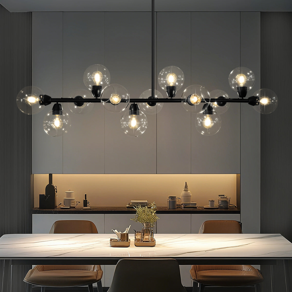 Modern Linear Chandelier Dimmable Glass Bubble Pendant Light Kitchen Living Dining Room Black Home Decor Hanging Lamp