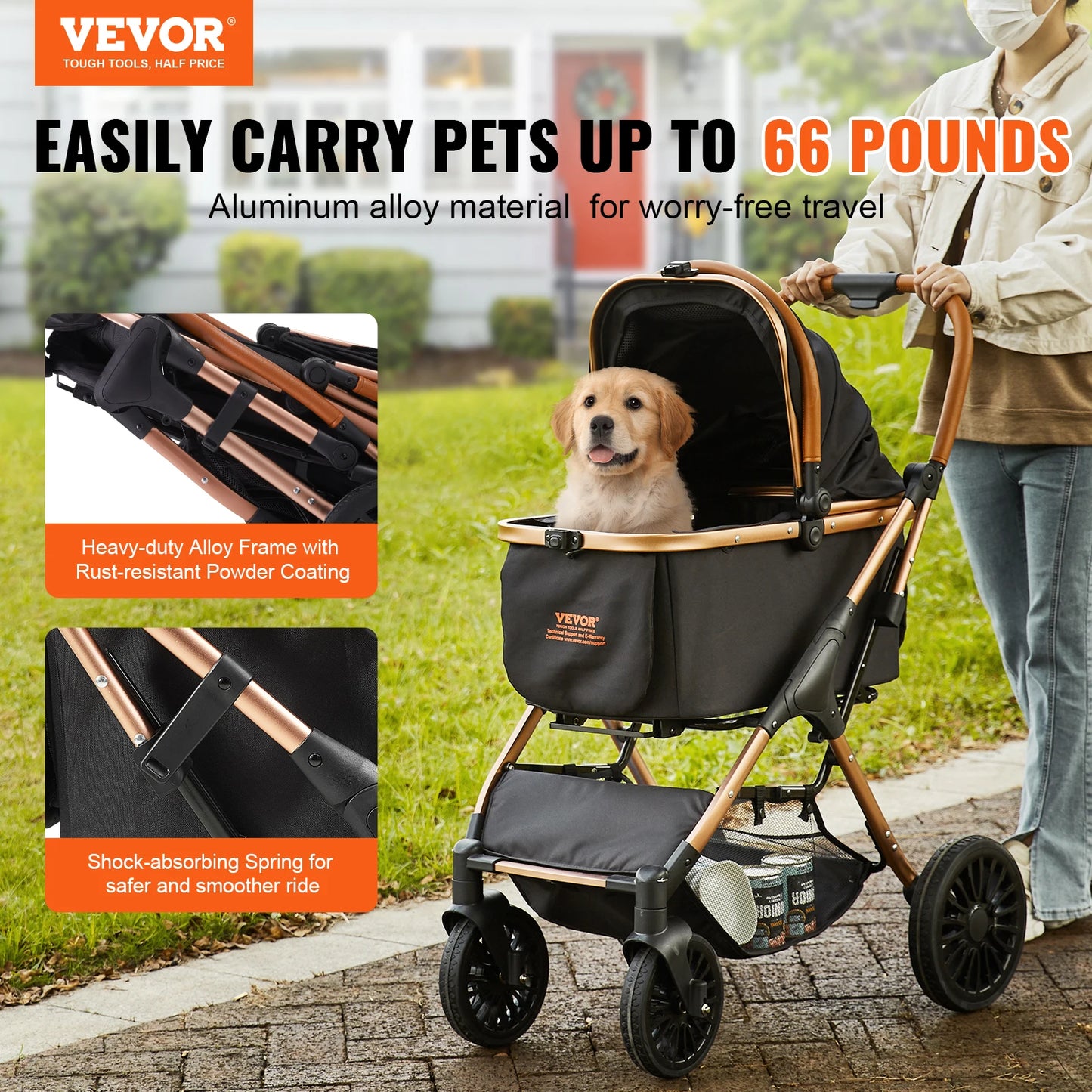 SucceBuy 66 lbs Pet Stroller Foldable Dog Puppy Stroller with Brakes Storage Basket Detachable Carrier for Small to Medium Dogs