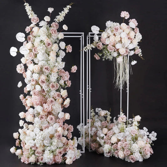 Angela Flower A8796 White Pink Rose Babybreath Delphinium Flowers Row Wedding Backdrop KT Board Floral Arrangement Decor Stage Flower Banquet Event Party Props