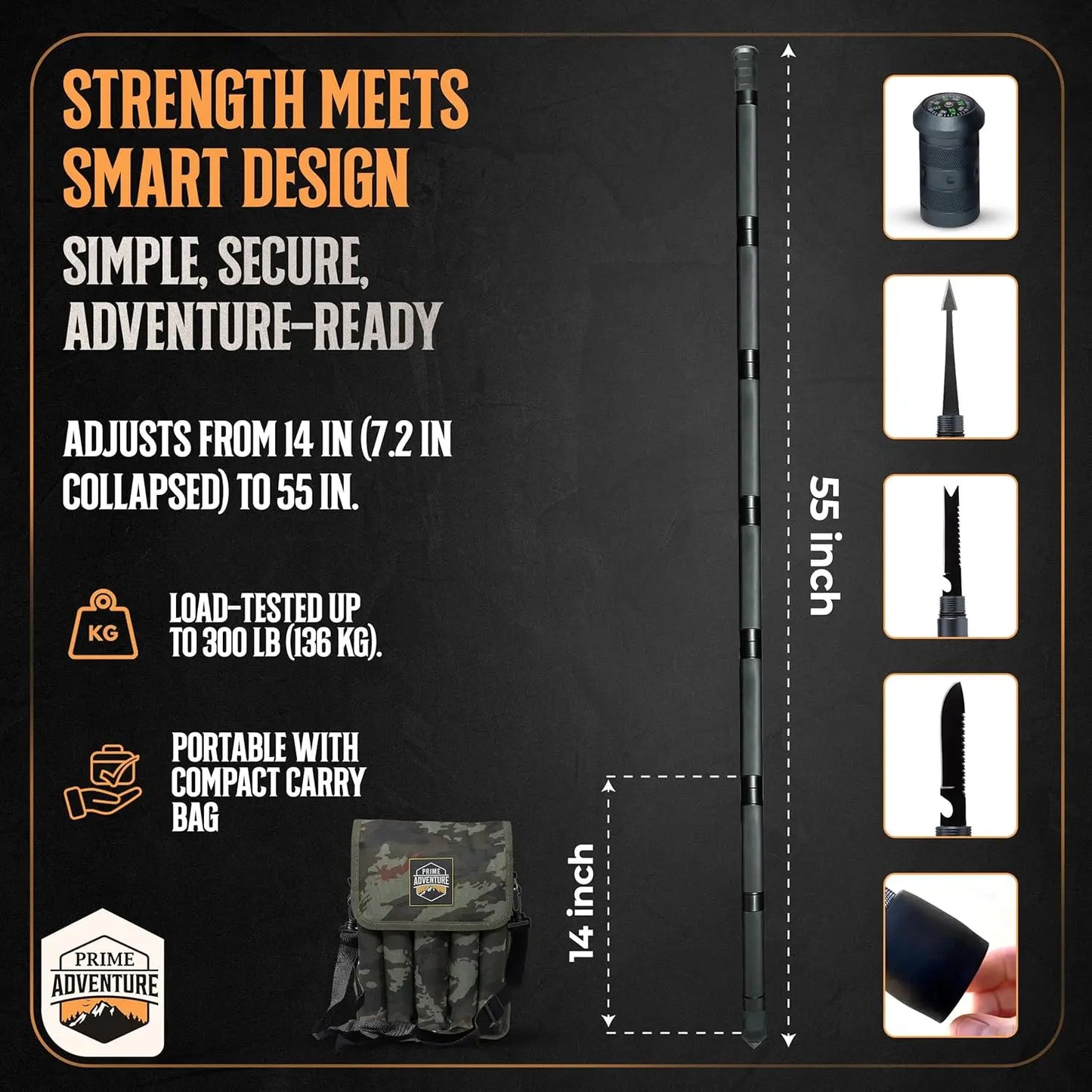 15-in-1 Collapsible Tactical Walking Stick for Hiking, Camping & Survival Gear with 8 Tubes