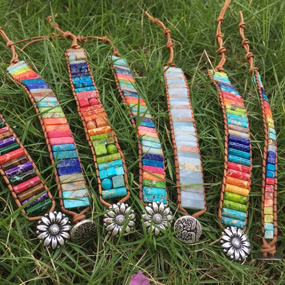 7 Chakra Leather Wrap Bracelet for Women Men with Natural Stone Beads Boho Unisex Jewelry Gift