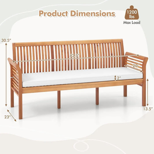 Tangkula 3-Seat Patio Acacia Wood Bench with Cushion, 62.5” Extra Long Outdoor Chair with Dense Slatted Backrest & Armrests, 120