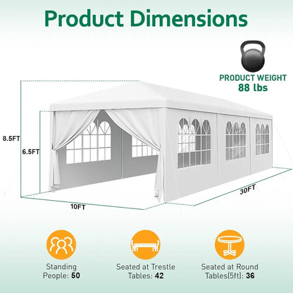2025 Enhanced 10x30 Outdoor Party Tent, Suitable for Weddings, Birthdays, and Large Canopies with 8 Sidewalls and Clear Panels