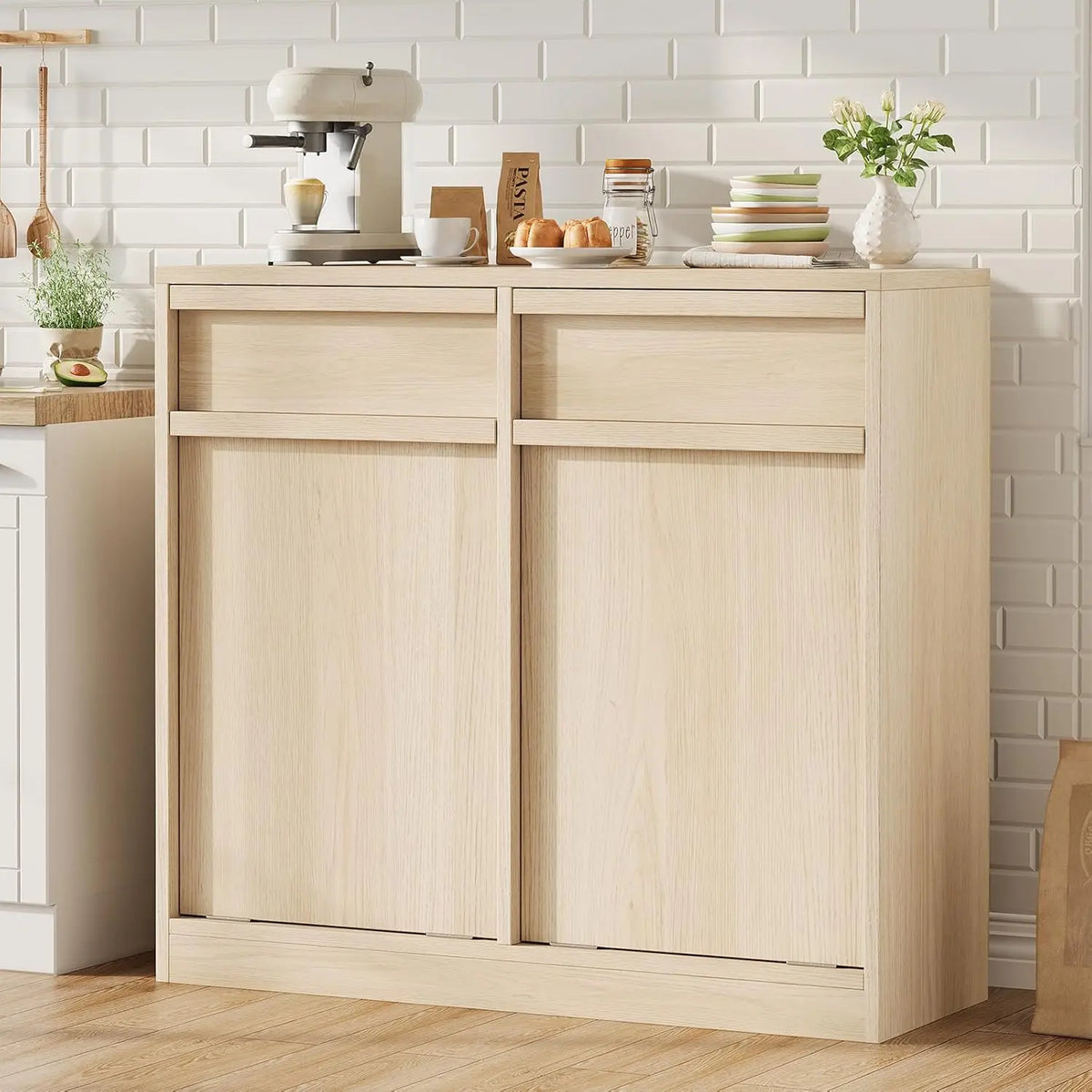 Double Tilt Out Trash Cabinet Hidden Garbage Recycling Cabinet Hidden Garbage Bin Laundry Hamper for Kitchen Living Room