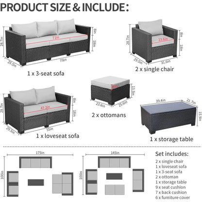 Patio Furniture Sets 7 Pieces Outdoor Furniture Sectional Patio Couches Set with Storage Table Light Grey Cushions