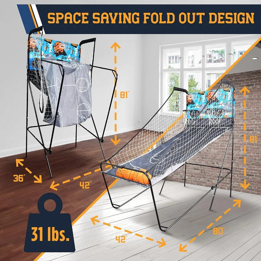 Dual Hoop Basketball Shootout Indoor Home Arcade Room Game with Electronic LED Double Basketball Shot Scoreboard and Play Timer