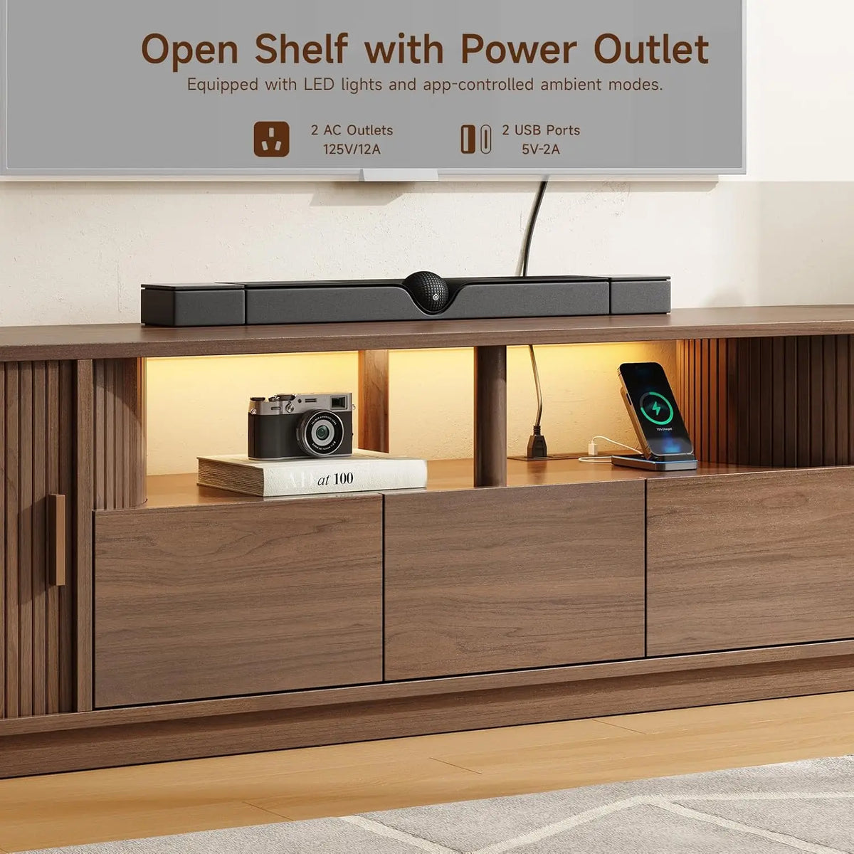 71" TV Stand with Power Outlet, 3 RGB LED Lights, for 85" TVs - 3-Drawer Mid Century Modern Entertainment Unit w/ Adjustable Shelf & Sliding Door Cabinet