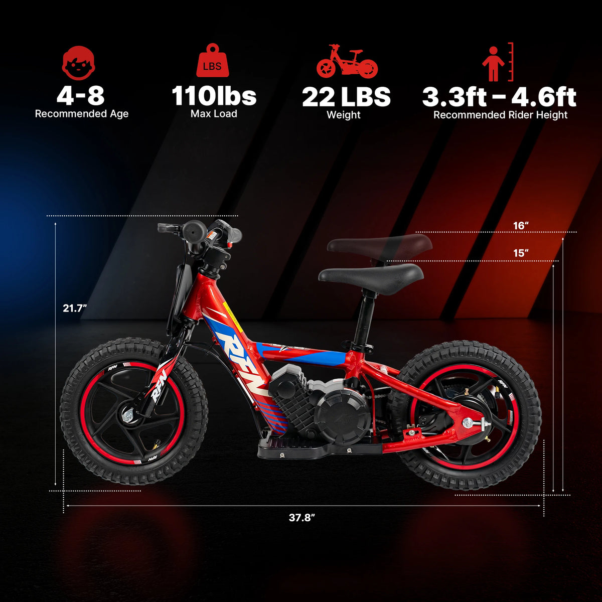RFN DNA12 Electric Dirt Bike for Kids-170W Balance Bike 24V 2.6AH Battery,12" Off-Road Tires, Aluminum Frame Motorcycle, 4-8