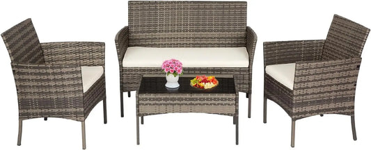 Outdoor Patio Furniture Set with Loveseats and Coffee Table, PE Rattan for Indoor Outdoor Use, Khaki Cushions, 4-Piece