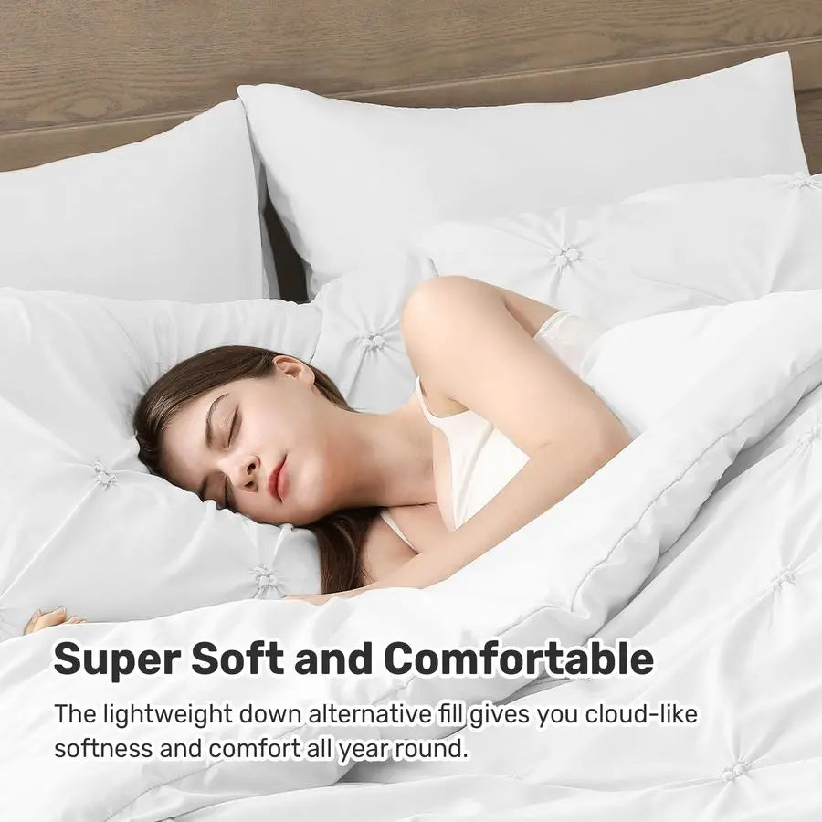 Queen Comforter Set White Ultra Soft Boho Pintuck Down Alternative Bedding Set for Winter, All Seasons, 3 Pieces Lightweight War