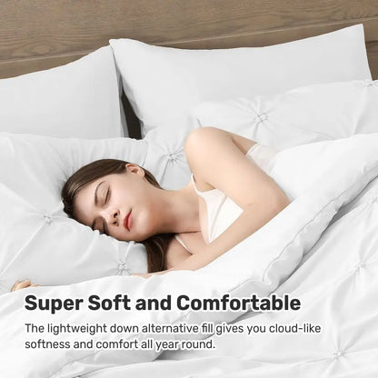 Queen Comforter Set White Ultra Soft Boho Pintuck Down Alternative Bedding Set for Winter, All Seasons, 3 Pieces Lightweight War