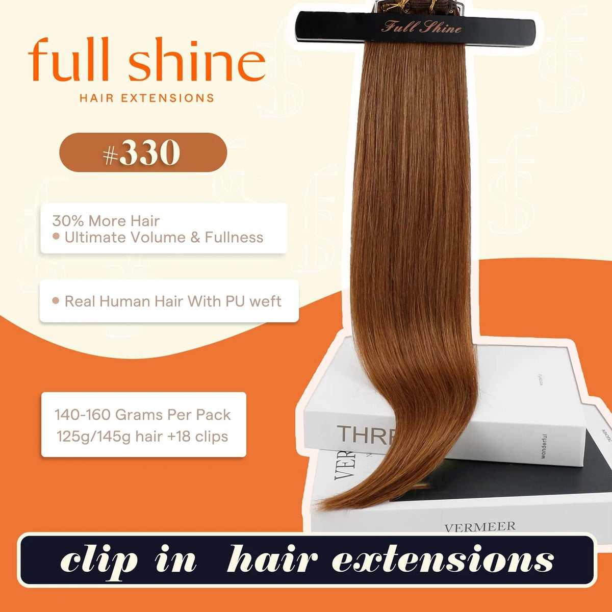 Full Shine Seamless Clip in Natural Human Hair Extensions 8Pcs PU Clip in Remy Hair for Women