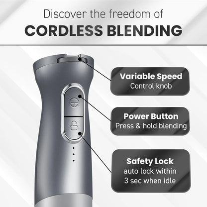 EHB1300 Cordless Hand Blender, Rechargeable Stick Mixer with Stainless Steel Blades, One-Touch Power, Portable, Charcoal Grey