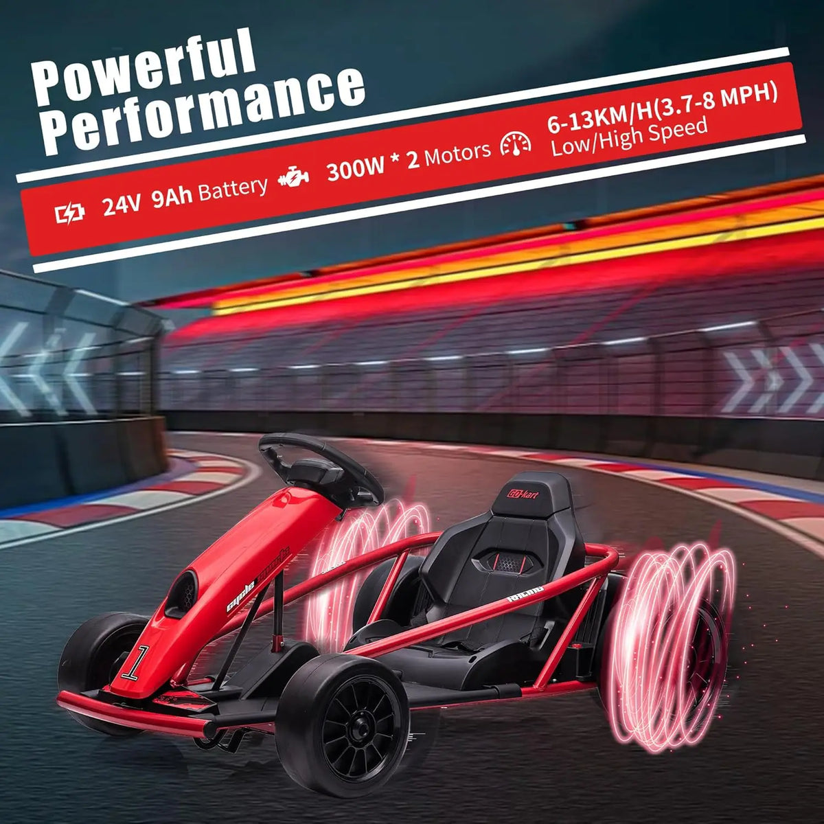 24V Go Kart for Teens & Big Kids, 9Ah Large Battery & Dual 300w Motors, 8MPH High-Speed Drifting Car, Slow Start & Seat Belt Double Protection, Music Horn, Outdoor Racing Toy for Ages 8-12