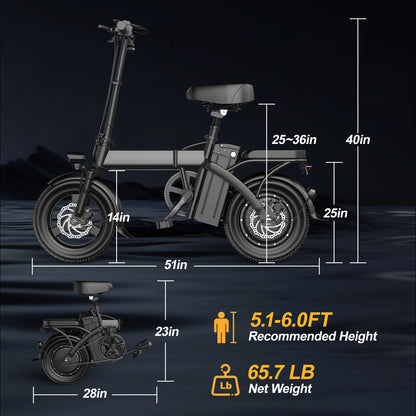 Electric Bike For Adults, Folding Electric Bike, 500W Peak Motor, Electric Bicycle With 14" Tire, 48V 20AH/15AH/10Ah Battery