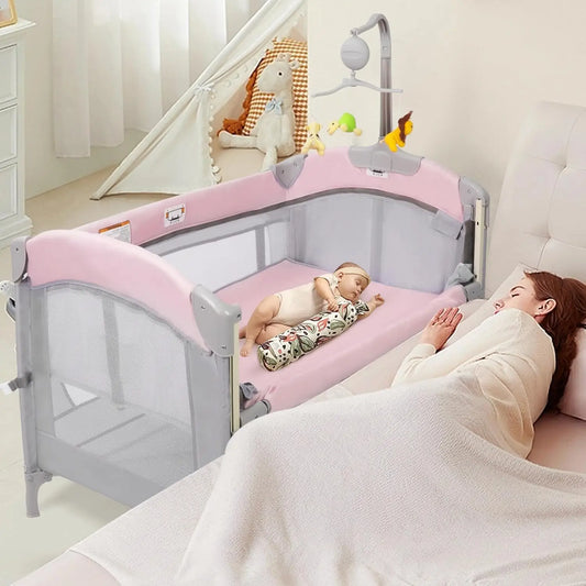 5-in-1 Pink Baby Bassinet Bedside Crib, Foldable Playard with Travel Bag for Infant Newborn