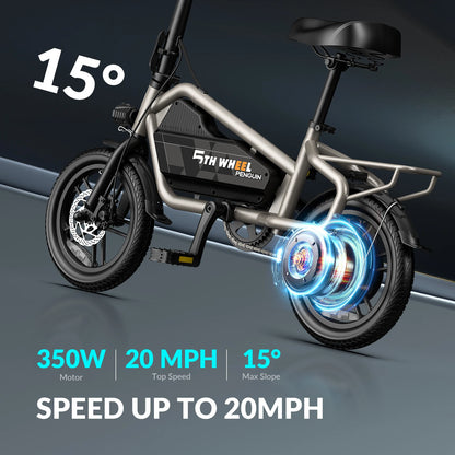 5TH WHEEL Foldable Electric Bike, 650W Peak Motor, 20MPH & 25Miles, 14" Pneumatic Tires for Commuting, Dual Disc Brakes