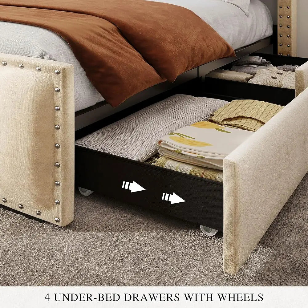 LED Full-KING Size Bed Frame with 4 Storage Drawers, Velvet Upholstered Platform Bed & Charging Station and Storage Headboard