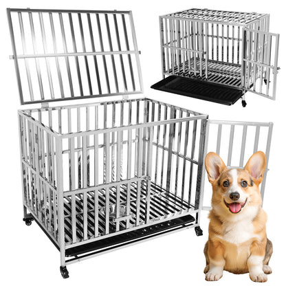 37 Inch Steel Tube Metal Pet Dog Crate with Tray Feeding Bowl Dog Crate Cage Kennel for High-Anxiety and Extra Large Dogs
