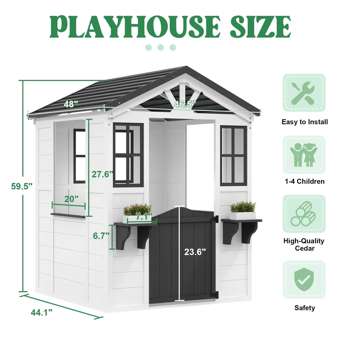 Wooden Kids Playhouse Outdoor Cottage With Pretend Kitchen, Door, Windows & Flower Boxes, Fir Wood Backyard Playhouse Ages 3-12