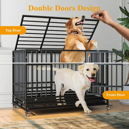 48 Inch Heavy Duty Dog Crates, Escape Proof Dog Cage Large Dogs with Wheels, Indestructible Steel Dog Cage with Upgraded,Customi