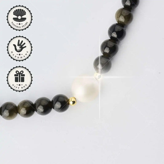 MYSOYA Gold Obsidian Edison Freshwater Pearl Necklace 10-11mm with Gold Extender Chain, Gift Box, Birthday & Anniversary Gift