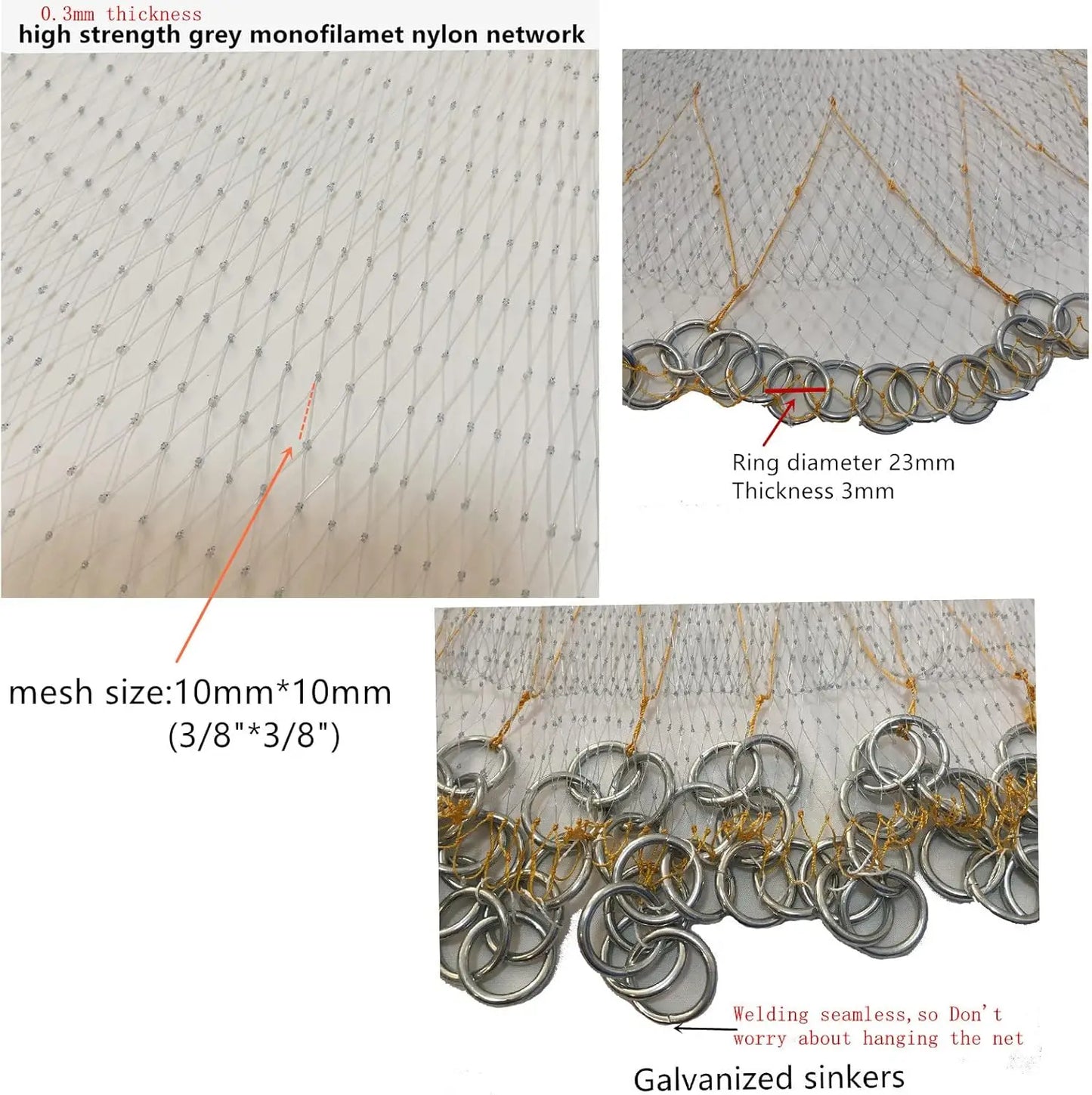 Heavy-Duty Saltwater Fishing Cast Net with Zinc Sinkers, 6ft/10ft Radius, 3/8" Mesh for Bait Trap