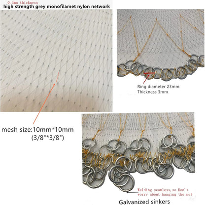 Heavy-Duty Saltwater Fishing Cast Net with Zinc Sinkers, 6ft/10ft Radius, 3/8" Mesh for Bait Trap