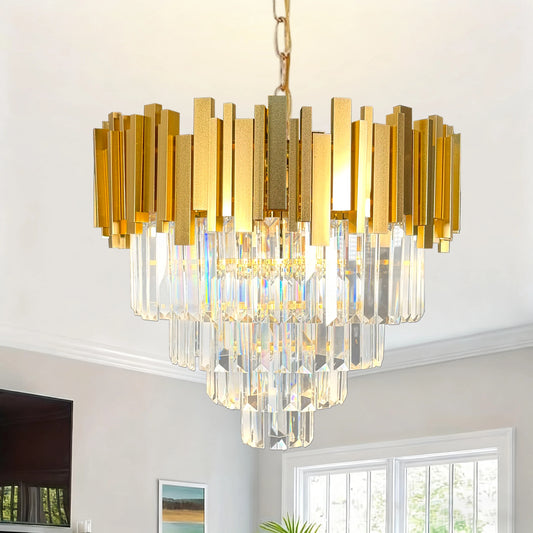 Modern Gold K9 Crystal Chandelier, Round Dimmable 4-Tier Rustproof Crystal Chandelier for Dining Room/Bedroom/Living Room