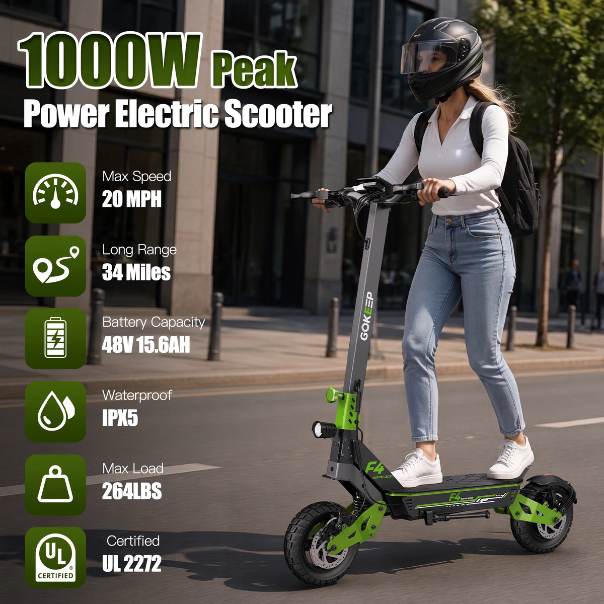 1000W Electric Scooter Off-road 48V 15.6AH, Foldable 11-inch Wide Tires, Top Speed 34 MPH, Range 43 Miles, Charging Time 7-8 Hours