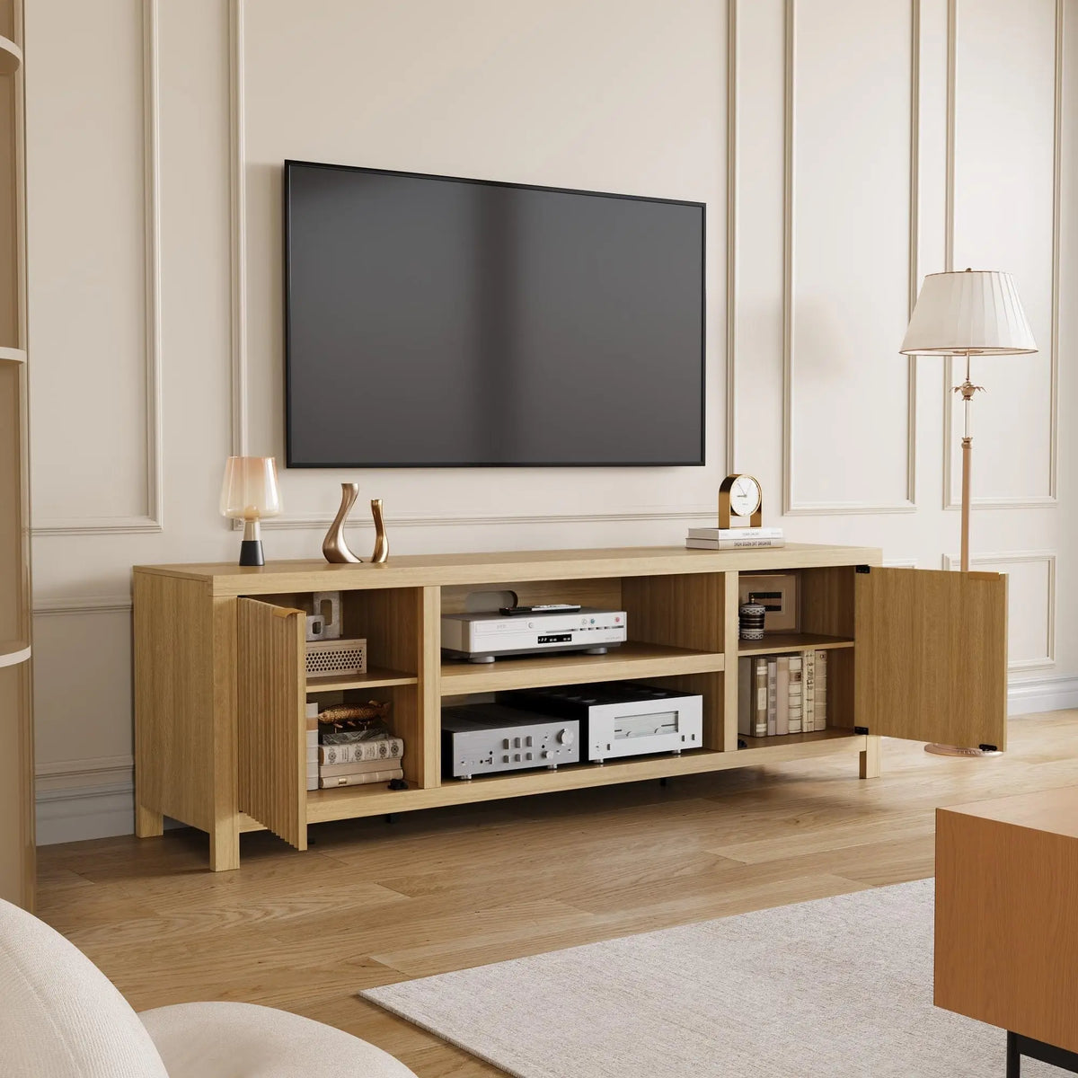 Fluted TV Stand for 75+ Inch TV, Modern Entertainment Center with 2-Tier Storage & Adjustable Shelves, Media Console Cabinet with 2 Fluted Doors & Gold Handles for Living Room Bedroom