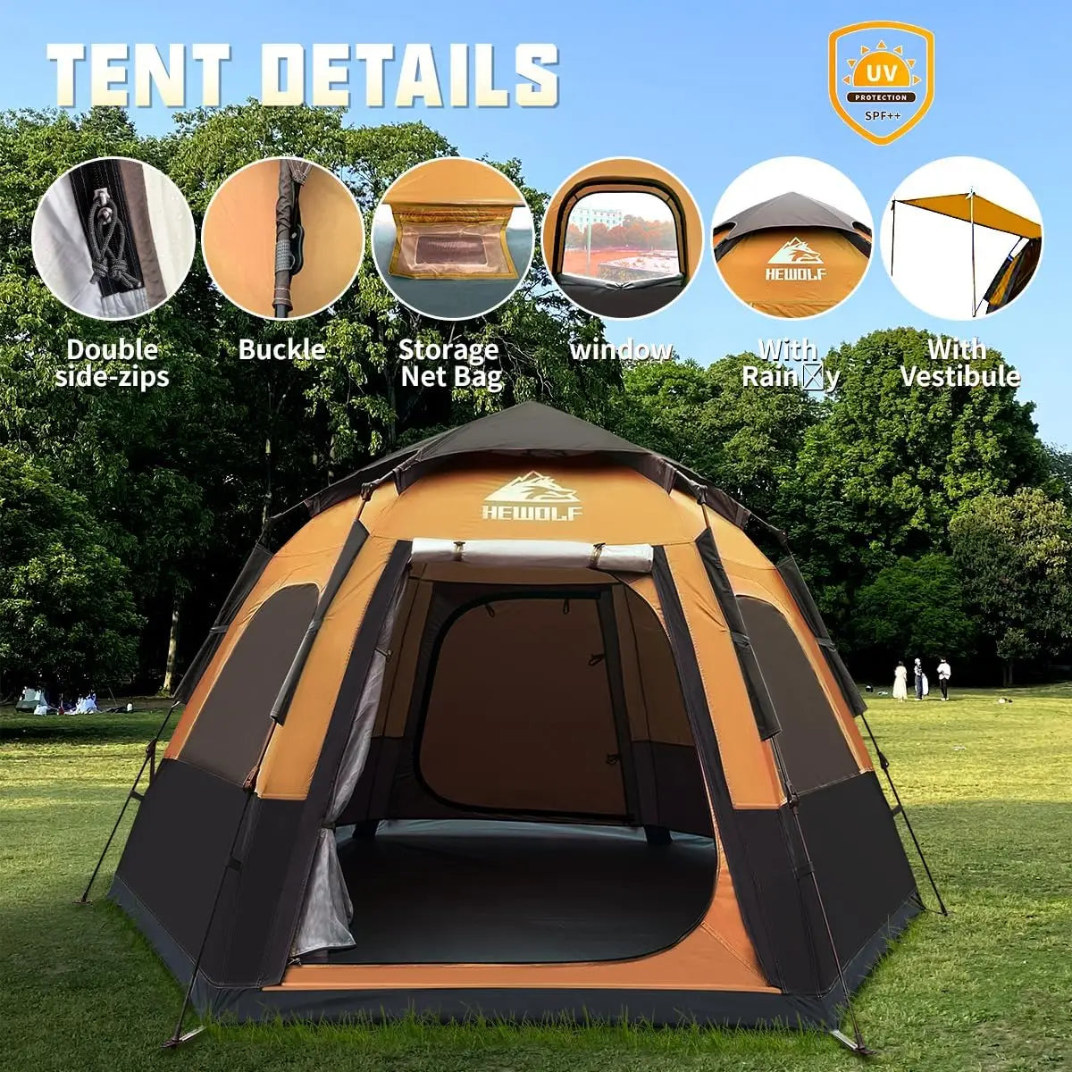 Instant Pop Up 2/3/4 Person Camping Tent, Waterproof with 2 Doors, Easy Setup Hexagonal Dome 3-Season Shelter for Family Hiking and Travel