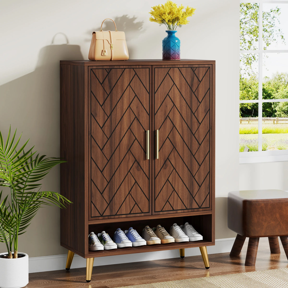 Tribesigns 6-Tier Shoe Cabinet with Doors, Walnut Wooden Shoe Storage Cabinet with Adjustable Shelves for Entryway