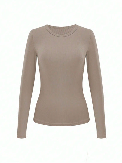 3pcs Women's Solid Ribbed Long Sleeve Crew Neck T-Shirts for Casual Wear
