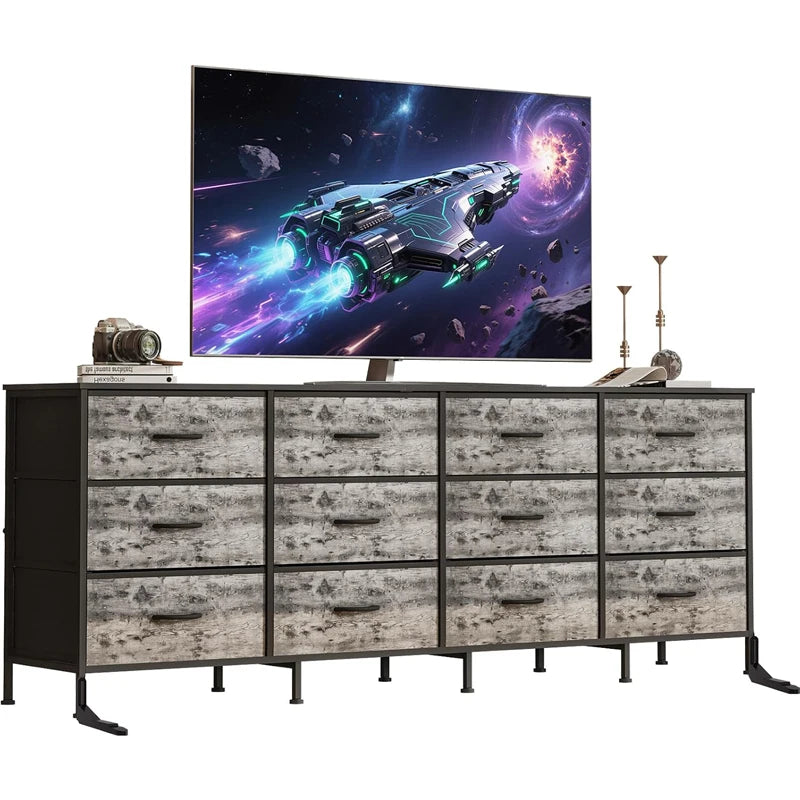 12 Drawer Dresser for Bedroom, 70” Long TV Stand for 65, 75, 80 Inch TV | Dresser with Charging Station, Large Entertainment Center for Living Room, Entryway