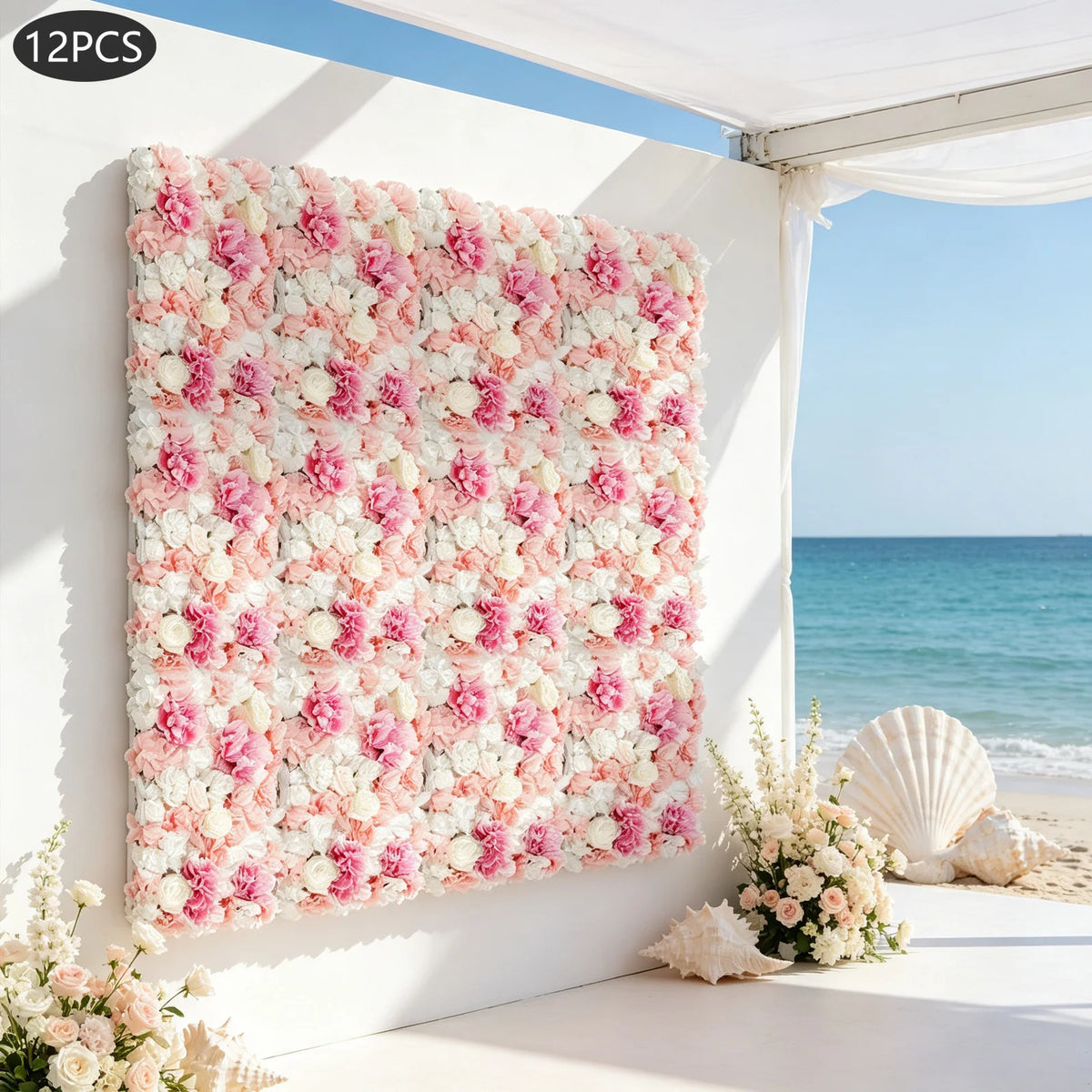 12Pcs Pink White Artificial Flower Wall Panels 60x40cm Silk Plastic Dahlia Rose Hydrangea Floral Backdrop Indoor Outdoor Wedding Balcony Fence Decor